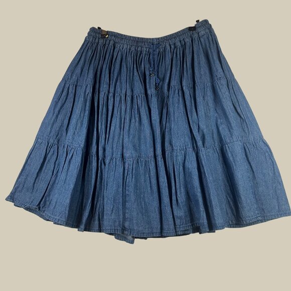 Vintage Access Blue Tiered Skirt Drawstring Elastic Waist L Double Denim Cotton - Picture 2 of 7